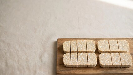 Fototapeta premium Fresh raw tempeh slices arranged on a wooden cutting board.