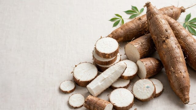 Fresh raw cassava roots and sliced pieces on a light textured background.