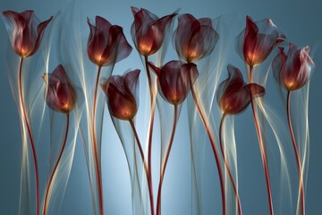 Obraz premium Dark red tulips with glowing centers and flowing translucent light on blue background