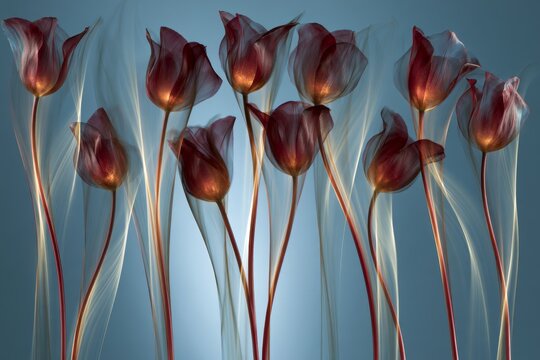 Dark red tulips with glowing centers and flowing translucent light on blue background