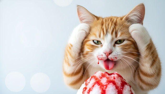Cat enjoying shaved ice experiencing brain freeze while on summer vacation