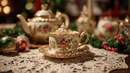 Fototapeta premium Antique Christmas tea set displayed on lace doily with decorations,