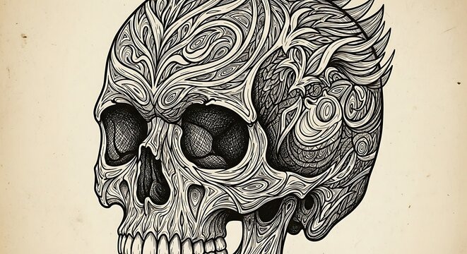 A monochromatic illustration of a human skull with intricate, swirling patterns covering the cranium