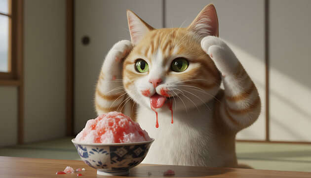 Cat experiencing brain freeze eating kakigori in Japan
