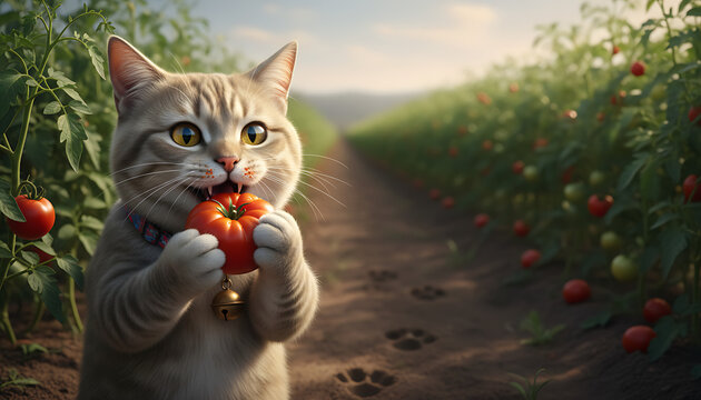 Cute cat personification eating fresh tomato in field