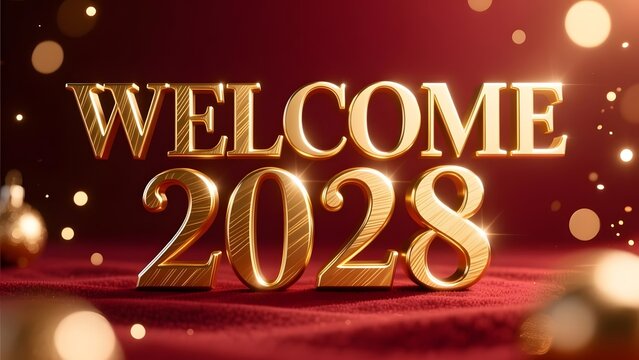 Welcome 2028 golden 3D text on red velvet background, luxury New Year celebration banner with bokeh lights, elegant holiday greeting card