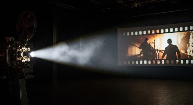 A vintage film projector shines a beam of light onto a projection screen displaying a film strip. The projector is positioned on a dark wooden floor, and the screen is set against a dark wall.