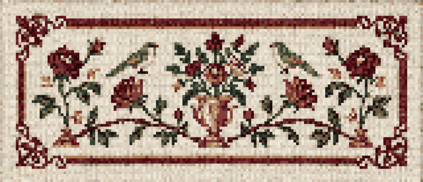 Cross Stitch Pixel Aubusson Bird-And-Rose Runner Rug