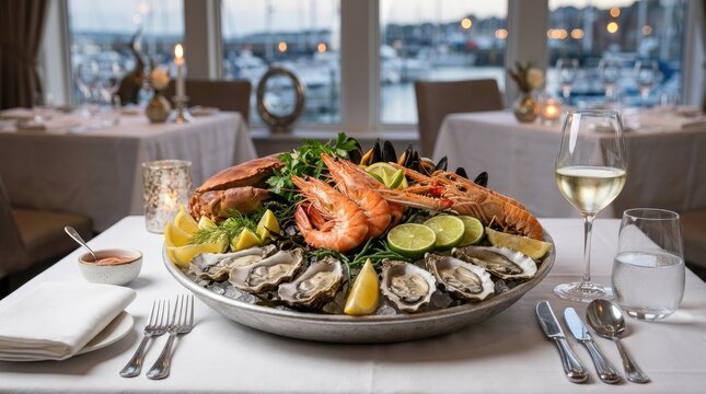 A beautifully presented seafood platter sits on a table in a luxurious restaurant.