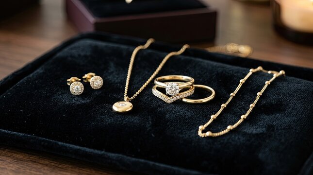 A luxurious collection of gold jewelry rests on a black velvet display. A delicate gold necklace, a sparkling diamond ring, and matching gold stud earrings are arranged on the velvet.
