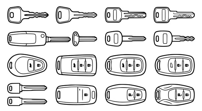 Set of modern car key fobs and traditional ignition keys in detailed black and white line art vector style for automotive locksmithing and vehicle security services marketing
