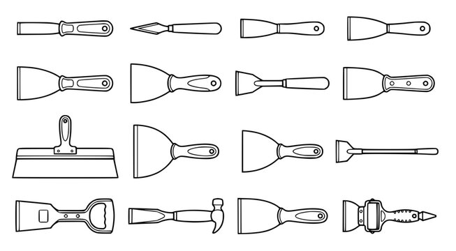 Set of putty knives and wall scraper tools for drywall and painting work illustrated in clean black and white line art for home renovation and professional construction guides
