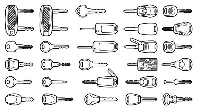 Collection of various keys and key fob designs for residential automotive and security applications illustrated in black and white line art for locksmith and security guides