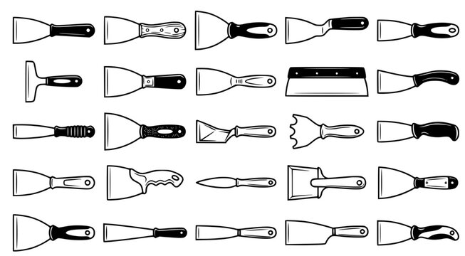Assortment of professional drywall taping knives and putty scrapers for construction and home renovation shown as black and white line art illustrations for hardware store catalogs