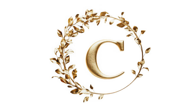 Letter C sits elegantly within a circular frame of delicate golden leaves, creating a sophisticated branding element for luxury monograms and high-end corporate identity designs on a white background.