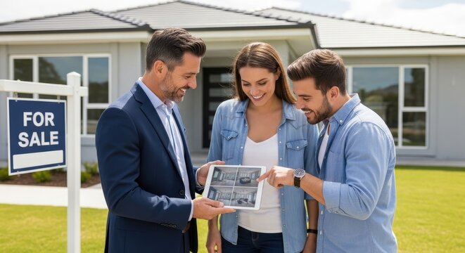 A man in a dark suit, a woman in a denim shirt, and a man in a light blue shirt are standing on a green lawn in front of a modern house. They are smiling and looking at a tablet