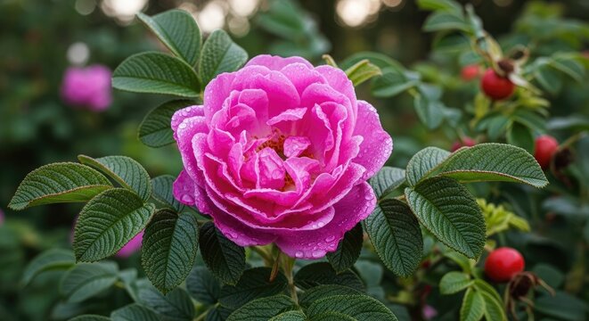 A vibrant pink rose blooms amidst lush green foliage. Dewdrops cling to the petals, enhancing their delicate beauty.