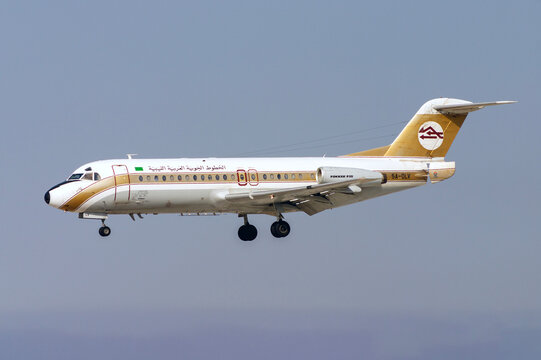 Luqa, Malta - August 13, 2004: Libyan Arab Airlines Fokker F-28-4000 Fellowship (REG: 5A-DLV) arriving from Tripoli, Libya.