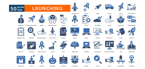 launching icon set with space shuttle, startup, rocket, shuttle, launch, public offering, money bag, space rocket launch, release, product launch, mission, space craft, project, deployment, receive © tulabi