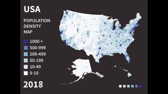 The heat map of the US counties level division isolated on dark background. It presents a change in population density in 2000 - 2024