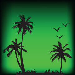 Abstract tropical island background with black palm tree silhouettes and flying birds © SarifinJahan
