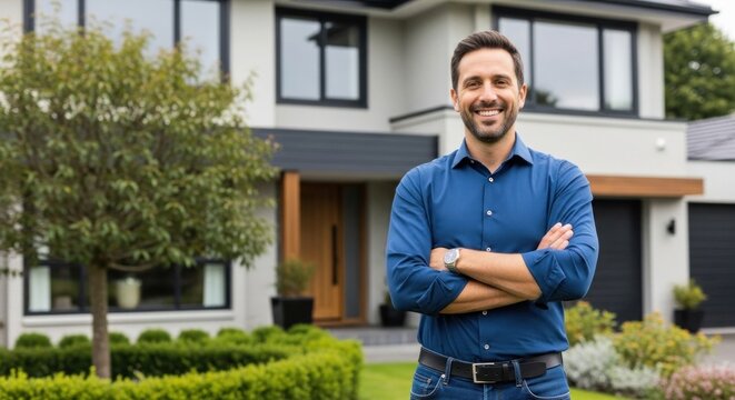 A man standing in front of a modern house with a green lawn and trees.