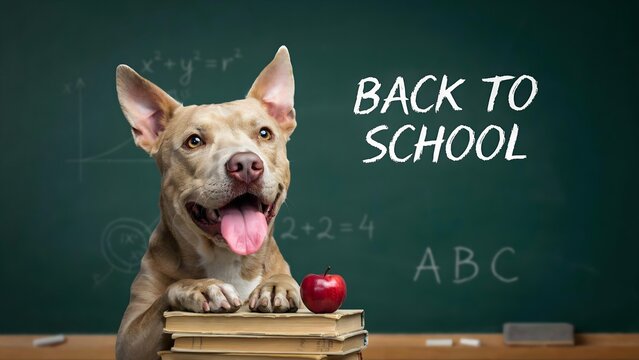 Happy dog sitting at a desk with books and an apple in front of a chalkboard with math equations and abcs for a back to school concept
