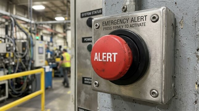 A close-up shot of an emergency alert button mounted on a gray concrete wall within a factory setting. The button is red with white lettering that reads "EMERGENCY ACTIVATE".