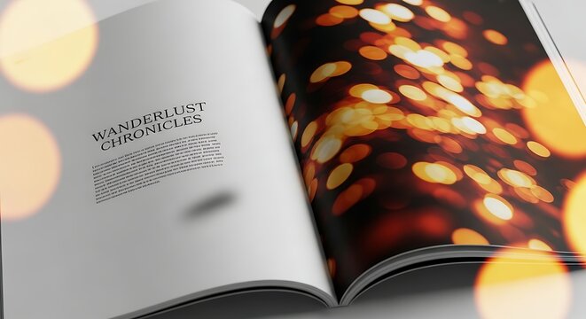 A magazine spread with a dark background and blurred lights