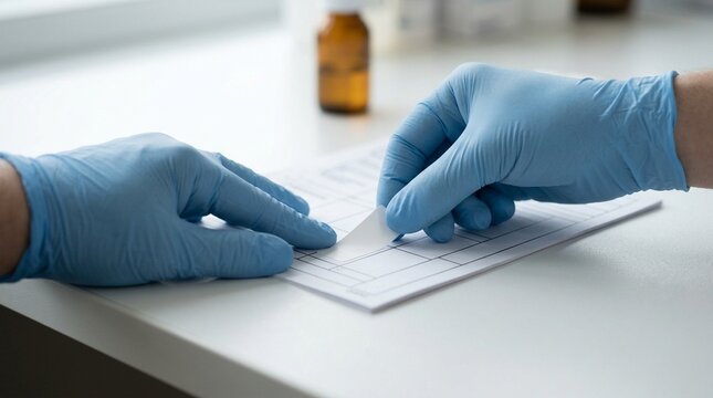 Hands aligning a medication label against a printed verification sheet on a counter &ndash; hospital nursing stock photo for healthcare, medical technology and patient care documentation