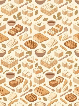 Seamless pattern of various tofu and tempeh soy products