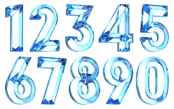 Set of glass clear volumetric faceted numbers from zero to nine. 3d illustration transparent background