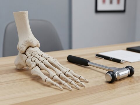 A human foot skeletal model, a medical reflex hammer, and a pen sit on a wooden desk in a professional clinical or educational setting.