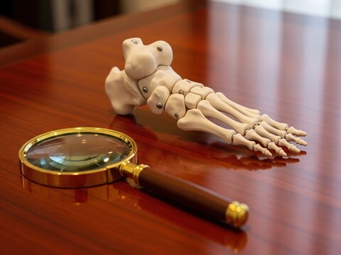An anatomical model of a human foot skeleton and a classic magnifying glass resting on a polished wooden desk surface.