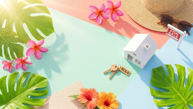 Tropical flat lay composition with toy house model and for sale sign. Wooden keys tagged sold amid monstera leaves, frangipani flowers, hibiscus blooms, straw hat