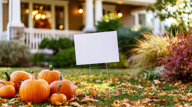 Blank yard sign pumpkin patch autumn lawn suburban house front yard white sign fall decor orange pumpkin