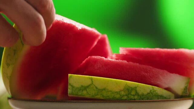 Man cutting watermelon - cut piece with knife. Young watermelons Citrullus lanatus. Topic - melons and gourds, farmer cultivation of watermelons
