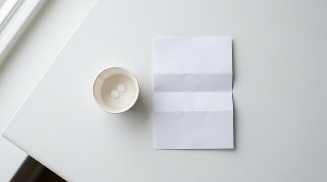 Small paper medication cup holding two tablets beside a folded verification checklist &ndash; hospital nursing stock photo for healthcare, medical technology and patient care documentation