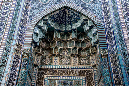 Exploring the intricate tile work and architectural details of the Shodi Milk Oko mausoleum in Samarkand, Uzbekistan