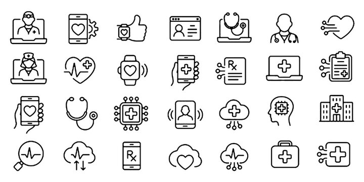 Digital healthcare icons set related to  telemedicine, online consultation, health monitoring, medical technology, electronic records, wearable devices and smart healthcare solutions. Editable Stroke.