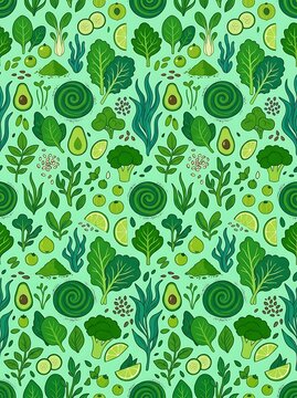 Seamless pattern of green superfoods and fresh healthy vegetables
