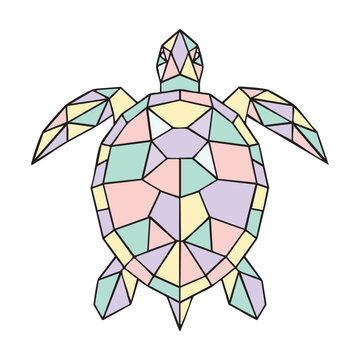 Geometric pastel turtle illustration composed of colorful polygon shapes, isolated on white background 