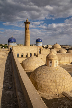 Views from the rooftop of a medersa in Khiva offer a look at historic architecture and the skyline of Khorezm in Uzbekistan