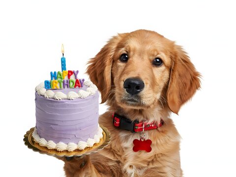 Golden retriever dog holding birthday cake with candle and Happy Birthday sign, isolated on white background