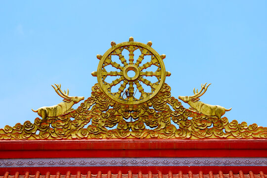 Dharma wheel and deer statues at truc lam chanh giac zen monastery in cai lay vietnam