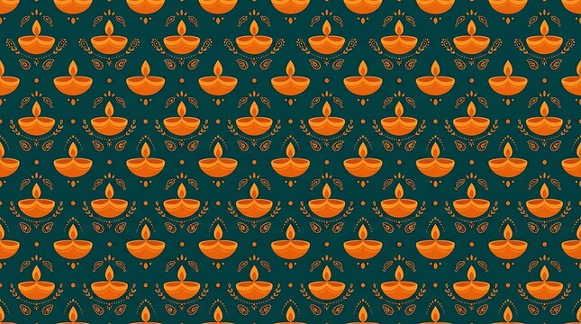 Traditional diwali oil lamp seamless pattern on dark teal background