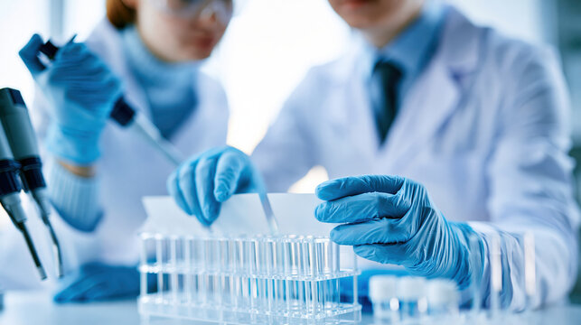 Laboratory scientist handling test tube in modern biotech research setting with blue glove and microscope