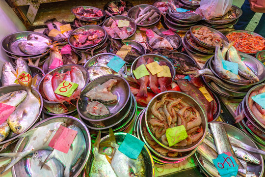 Fish food stall offers a variety of seafood at North Point during daytime in Hong Kong