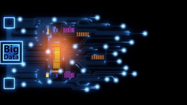 Futuristic big circuit interface with data analytics Technology digital network connection, Artificial intelligence deep learning, and big data technology. 4k Motion abstract background data trransfer
