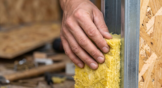 Man hand fitting yellow thermal insulation into metal stud frame on unfinished wooden wall.